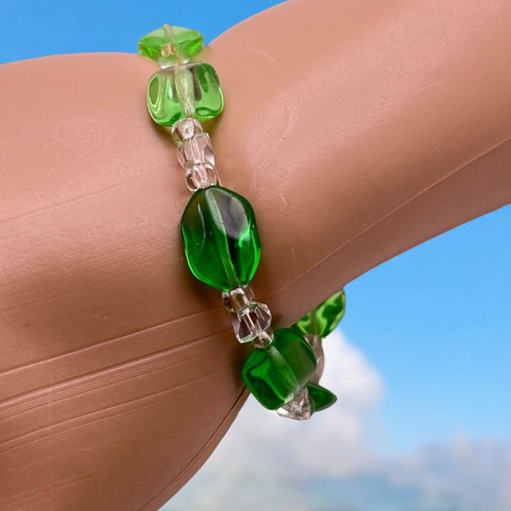 Handmade Green Beaded Stretch Bracelet Clear Bead Accents